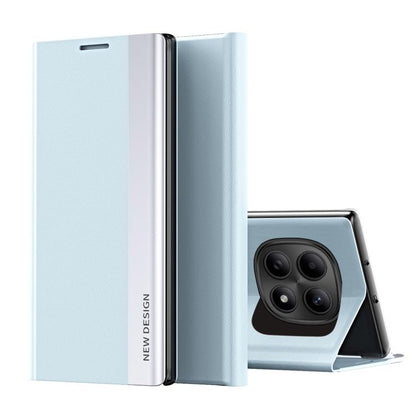 Sky blue leather folio phone case with flip cover and camera cutout, with kickstand