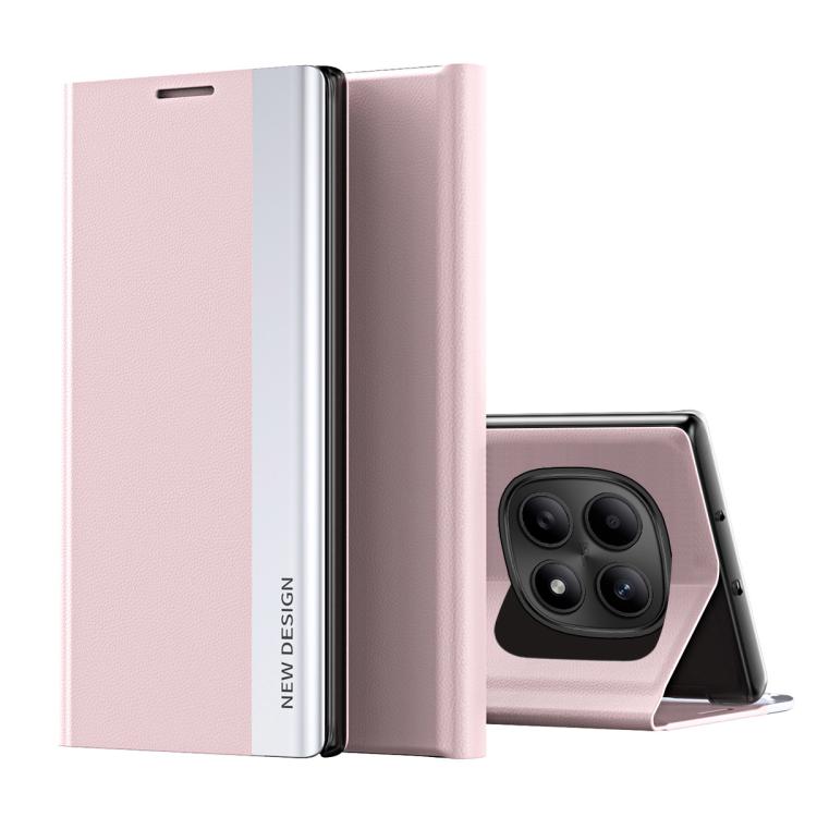 Pink leather folio phone case with flap and cutouts for camera and ports.