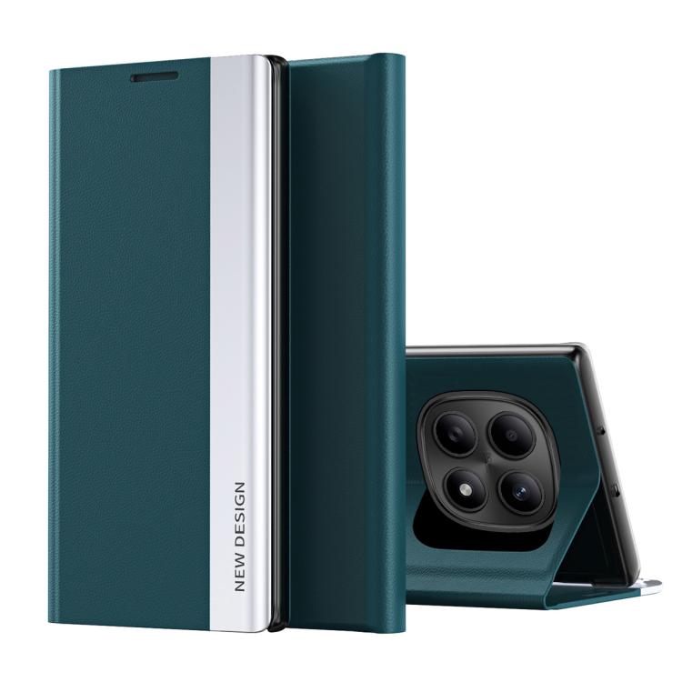 Teal leather folio phone case with flap and cutouts for camera and ports.