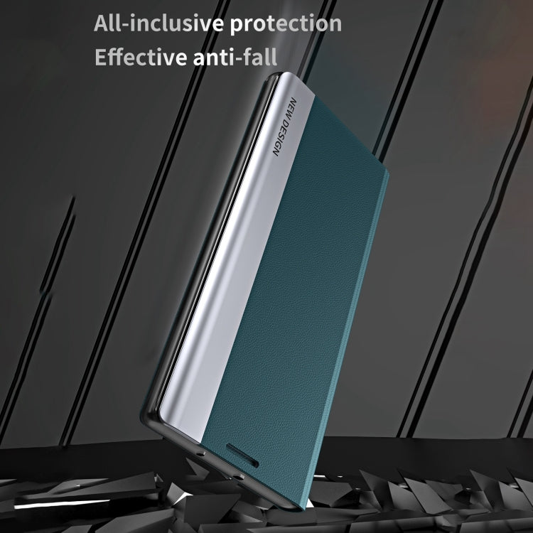 Teal leather flip phone case with full coverage and precise side cutouts.