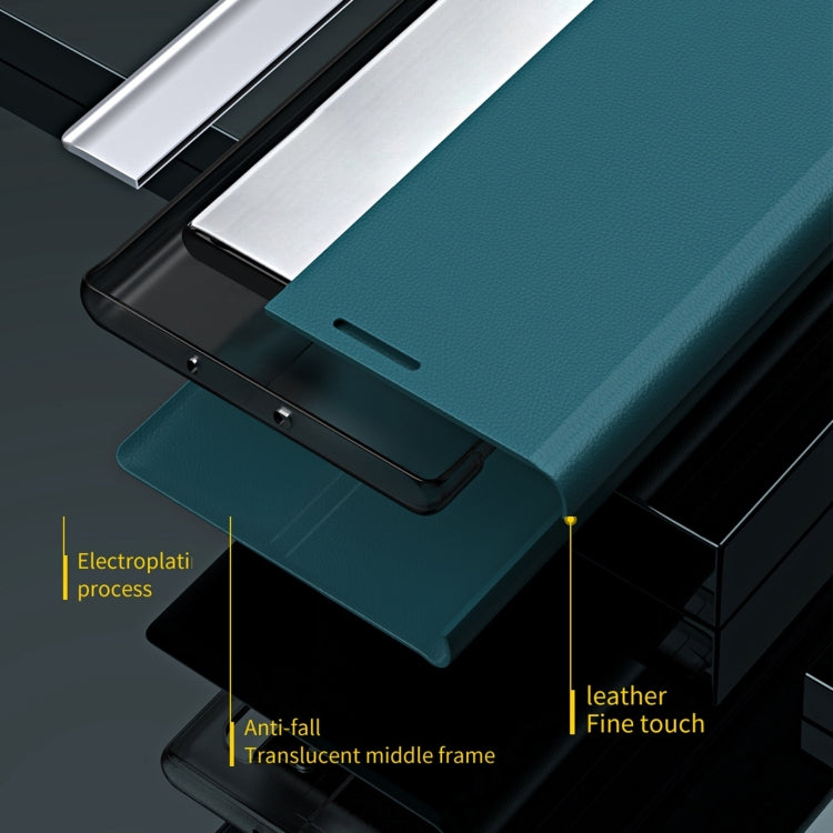 Teal leather folio phone case with open position and camera cutout.
