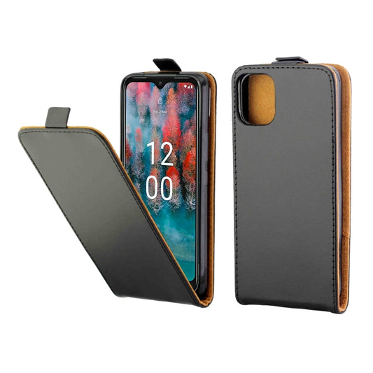 Vertical flip leather phone case with card slot, black with tan interior and cover flap.