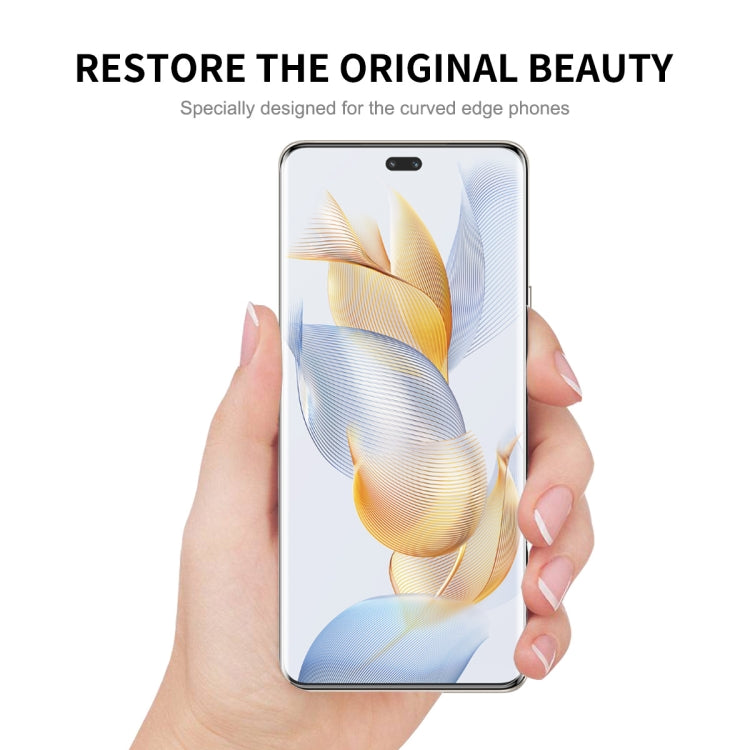 Smartphone screen protector film on front glass, held by hand