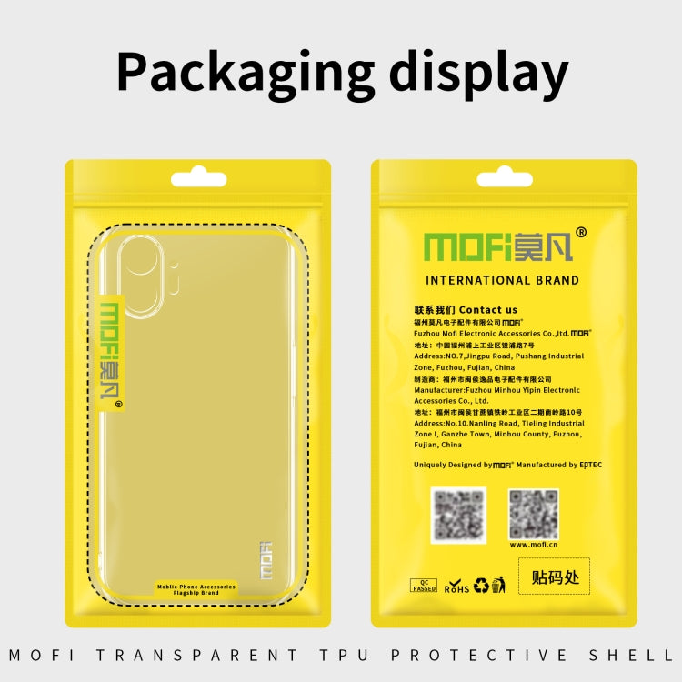 Transparent TPU phone case in yellow retail packaging, shows camera and port openings
