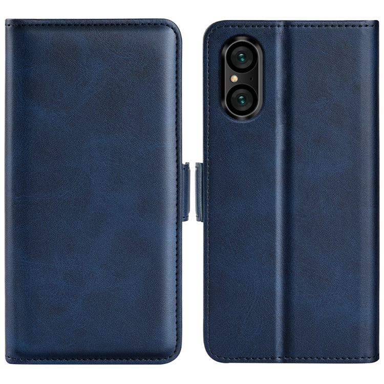 Dark blue leather flip phone case with magnetic buckle and camera cutout