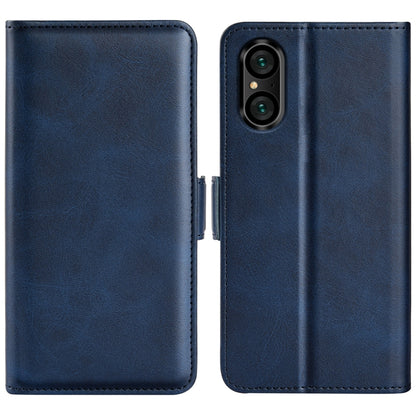 Dark blue leather flip phone case with magnetic buckle and camera cutout