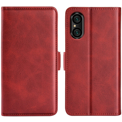 Red leather flip phone case with magnetic buckle and camera cutout
