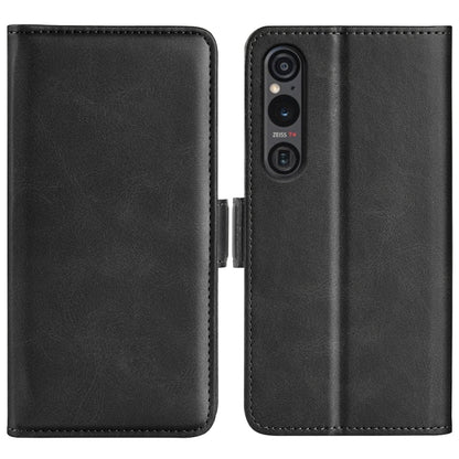 Black leather flip phone case with magnetic buckle, dual-side design