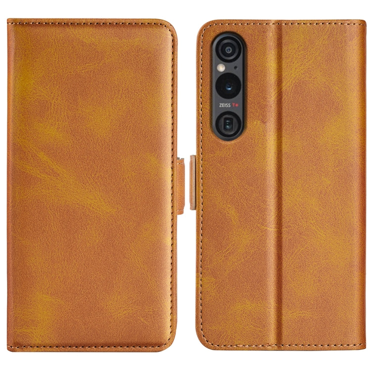 Yellow leather flip phone case with magnetic buckle, dual-side design
