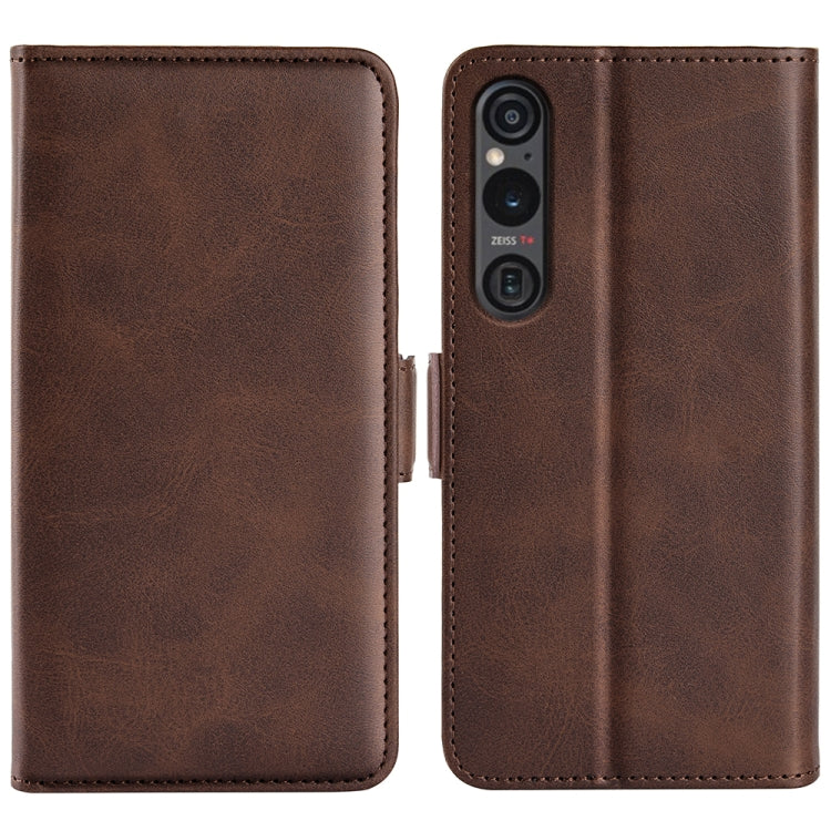Brown leather flip phone case with magnetic buckle, dual-side design
