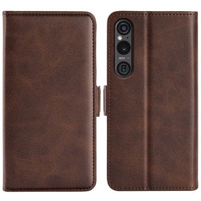 Brown leather flip phone case with magnetic buckle, dual-side design