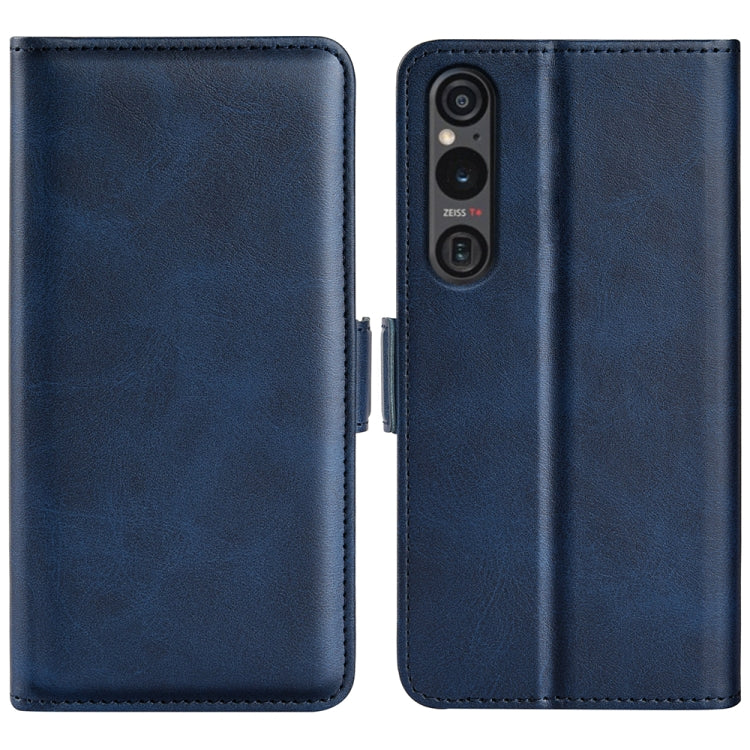 Dark blue leather flip phone case with magnetic buckle, dual-side design