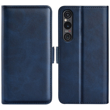 Dark blue leather flip phone case with magnetic buckle, dual-side design