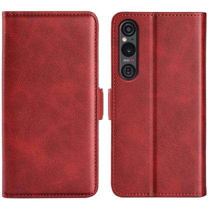 Red leather flip phone case with magnetic buckle, dual-side design