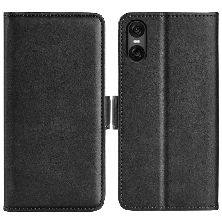 Black dual-side magnetic flip leather phone case with visible camera module cutout.
