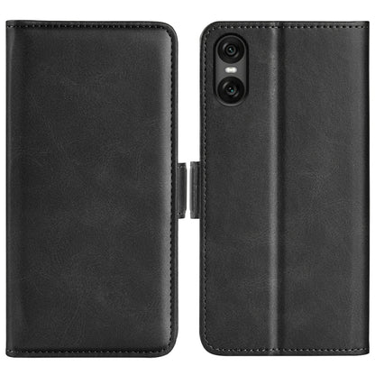 Black dual-side magnetic flip leather phone case with visible camera module cutout.
