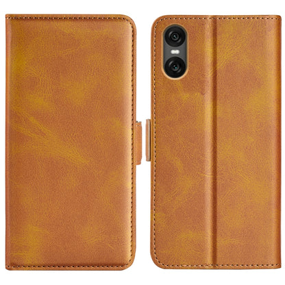 Yellow dual-side magnetic flip leather phone case with visible camera module cutout.