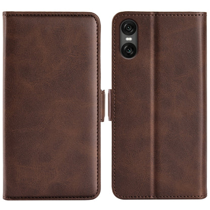 Brown dual-side magnetic flip leather phone case with visible camera module cutout.
