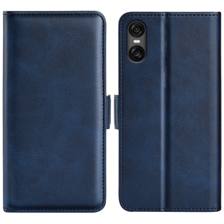 Dark blue dual-side magnetic flip leather phone case with visible camera module cutout.