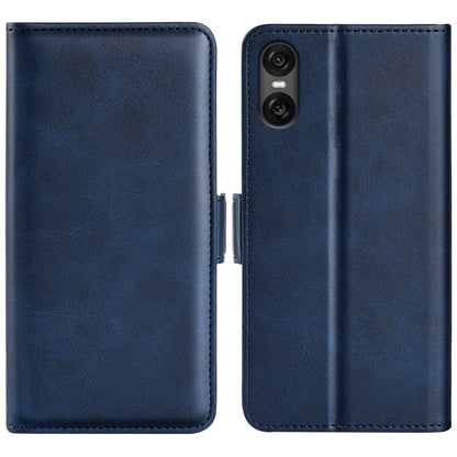 Dark blue dual-side magnetic flip leather phone case with visible camera module cutout.
