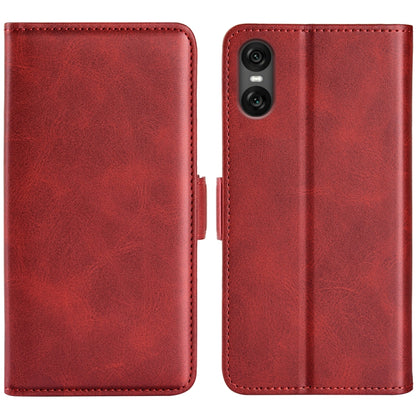 Red dual-side magnetic flip leather phone case with visible camera module cutout.