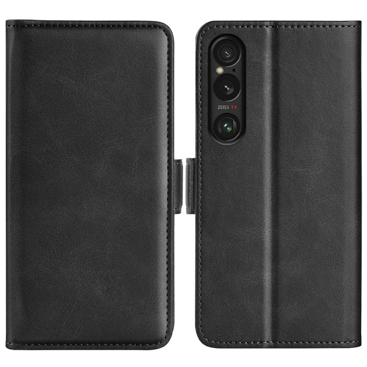 Black dual-side magnetic flip leather phone case with camera cutouts and side buckle.