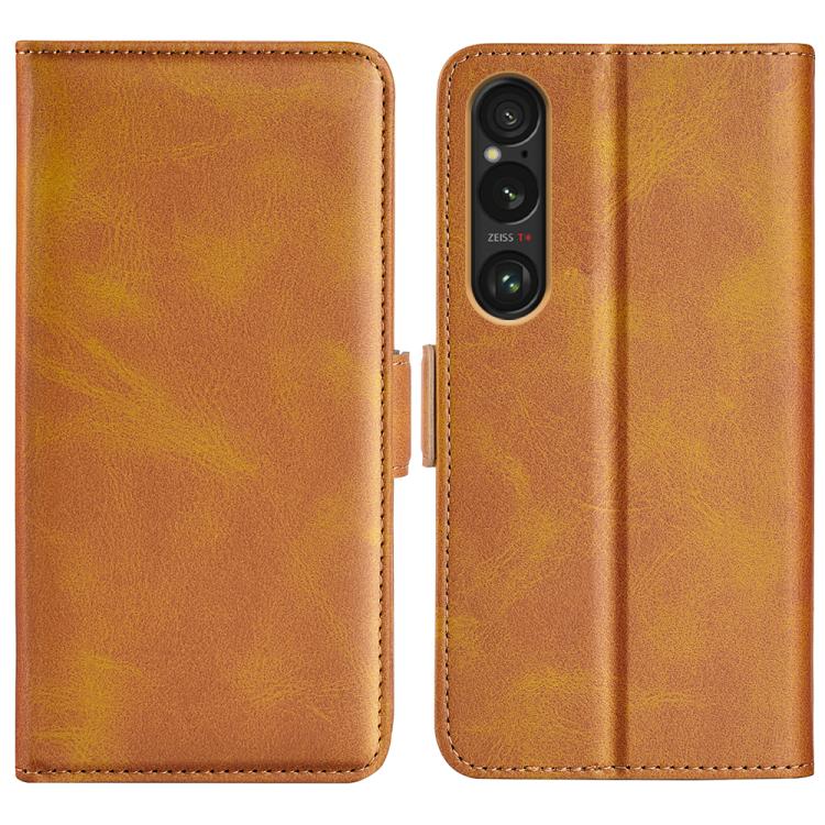 Yellow dual-side magnetic flip leather phone case with camera cutouts and side buckle.