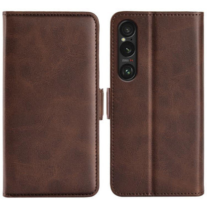 Brown dual-side magnetic flip leather phone case with camera cutouts and side buckle.