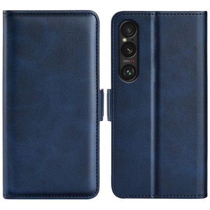 Dark blue dual-side magnetic flip leather phone case with camera cutouts and side buckle.