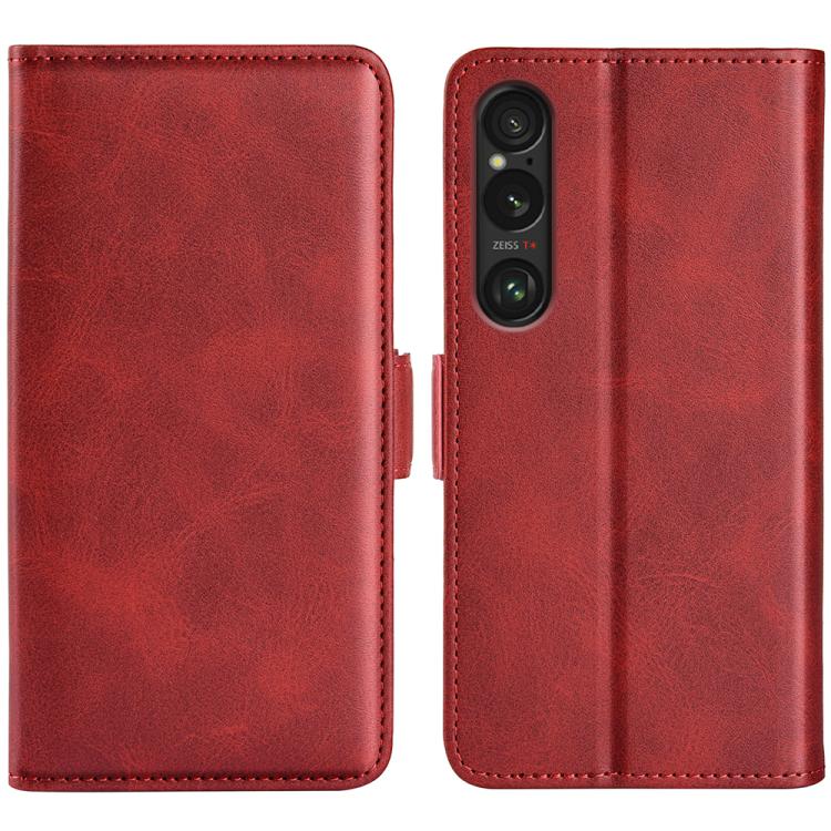 Red dual-side magnetic flip leather phone case with camera cutouts and side buckle.