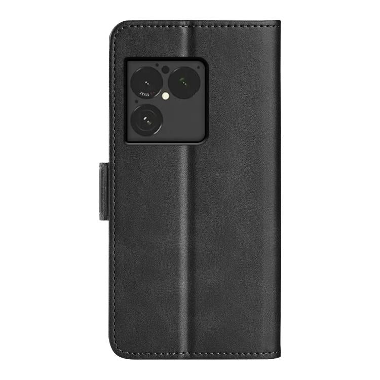Black leather flip phone case with camera cutout and magnetic side buckle
