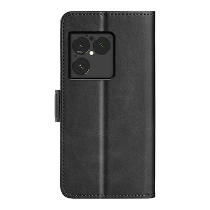 Black leather flip phone case with camera cutout and magnetic side buckle