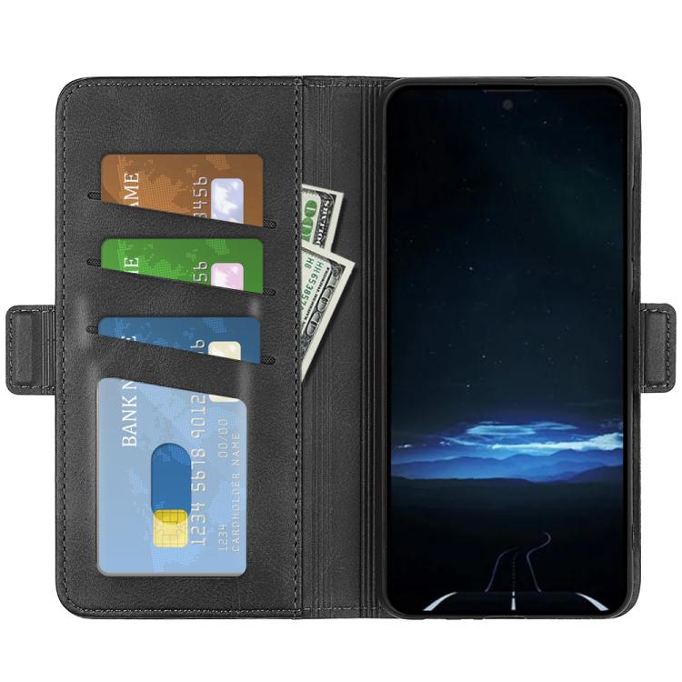 Black leather flip phone case with card slots and magnetic closure