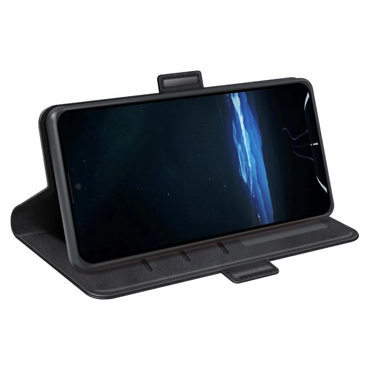 Black leather flip phone case with kickstand viewing angle