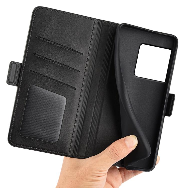 Black leather wallet-style phone case with interior card slots and magnet clasp