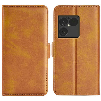 Brown leather flip phone case with magnetic buckle and camera cutout