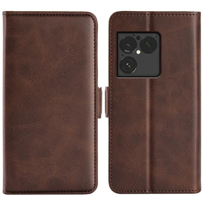 Dark brown leather flip phone case with magnetic closure and camera cutout