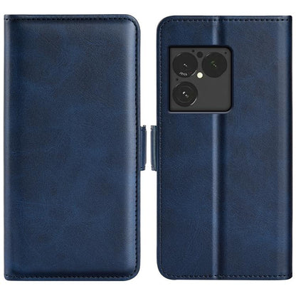 Dark blue leather flip phone case with magnetic buckle and camera cutout