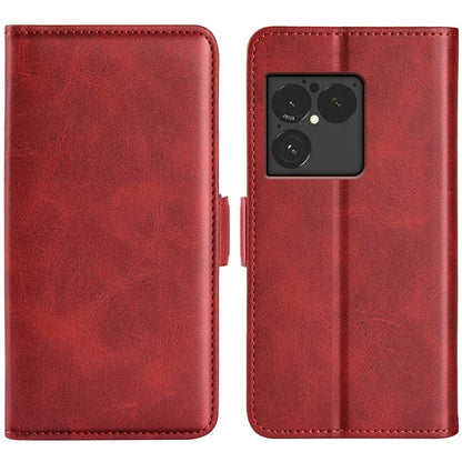 Red leather flip phone case with magnetic buckle and camera cutout