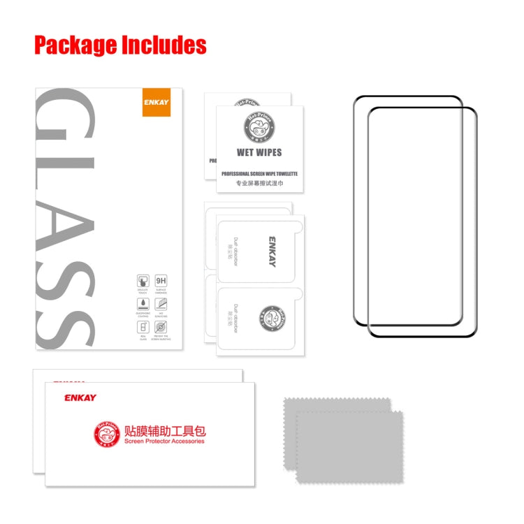 Screen protector accessory package with installation wipes and a tempered glass film pair