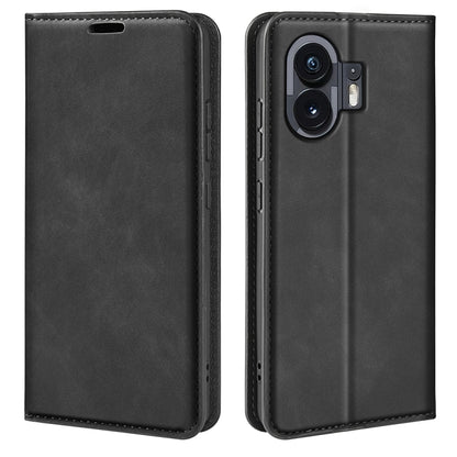 Magnetic suction leather phone case, black; back camera cutouts visible with front cover