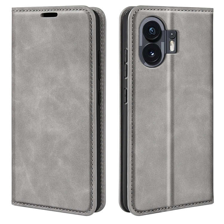 Magnetic suction leather phone case, grey; back camera cutouts visible with front cover