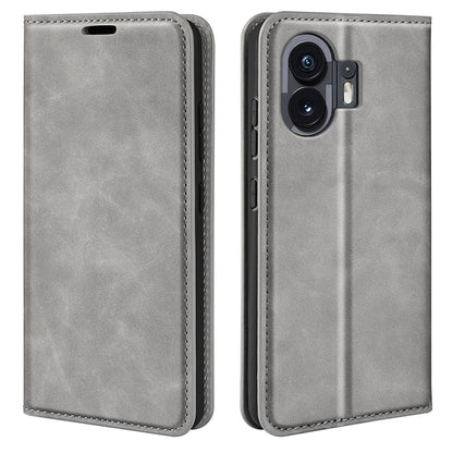 Magnetic suction leather phone case, grey; back camera cutouts visible with front cover