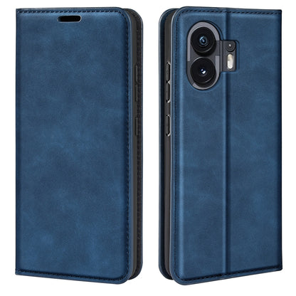 Magnetic suction leather phone case, dark blue; back camera cutouts visible with front cover