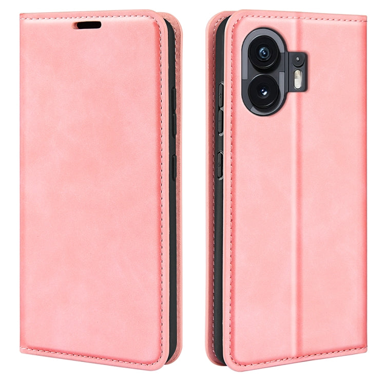 Magnetic suction leather phone case, pink; back camera cutouts visible with front cover
