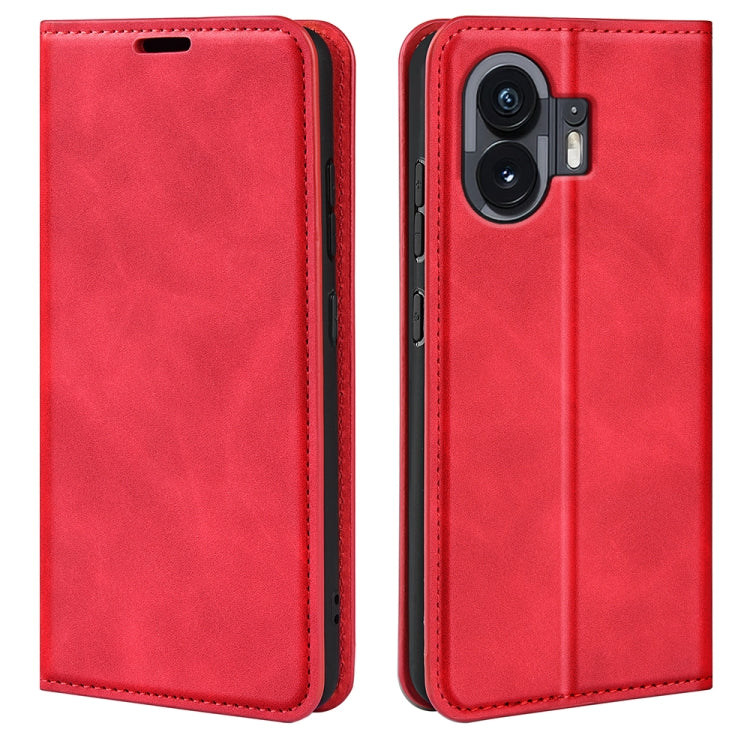 Magnetic suction leather phone case, red; back camera cutouts visible with front cover
