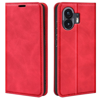 Magnetic suction leather phone case, red; back camera cutouts visible with front cover