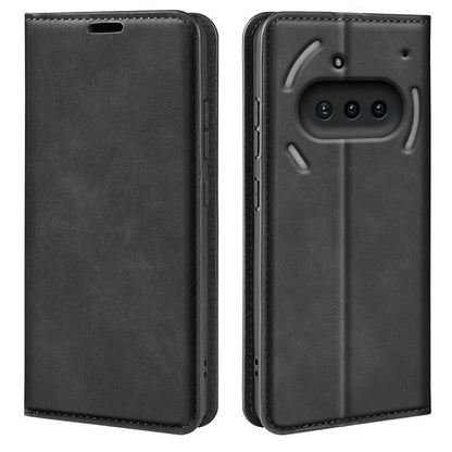Magnetic suction leather phone case, black with camera window and raised frame