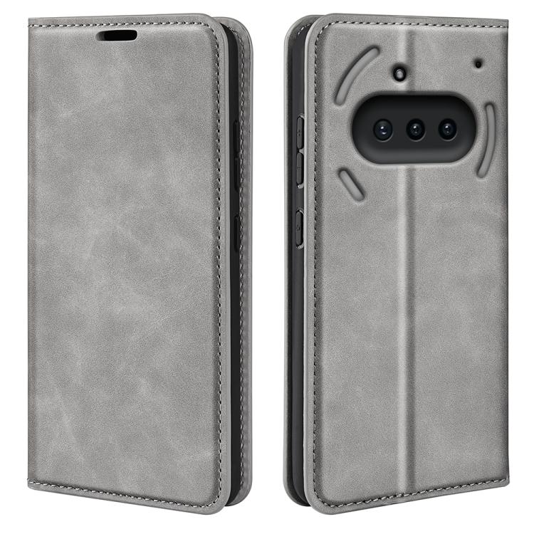 Magnetic suction leather phone case, grey with camera window and raised frame
