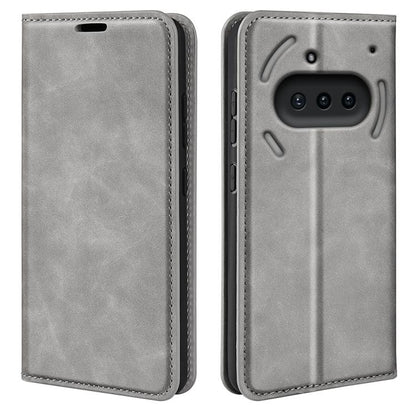 Magnetic suction leather phone case, grey with camera window and raised frame